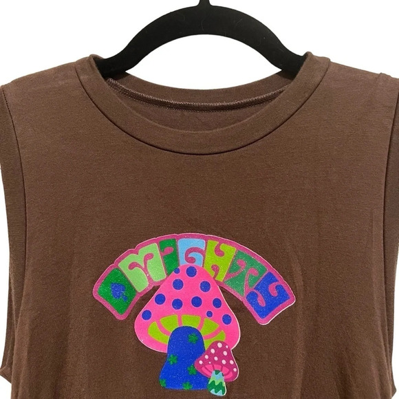 OMighty Brown Body-con Mushroom T-shirt Dress With Ruched Tie Sides Sz Small - Picture 2 of 8